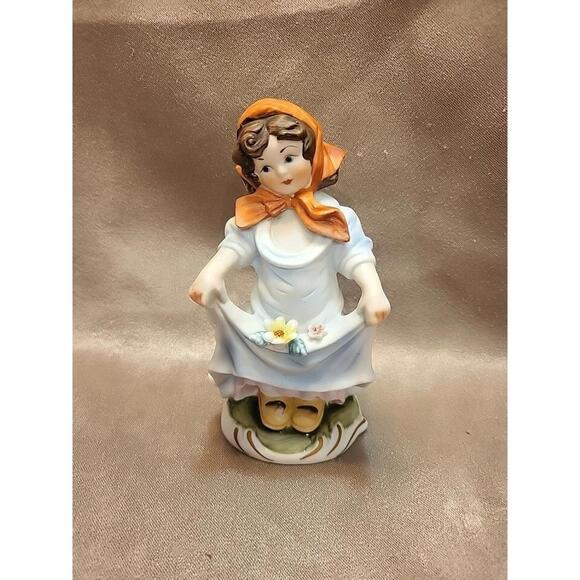 Other - Vintage Ceramic Figurine - Girl With Red Scarf Holding Flowers in Her Dress